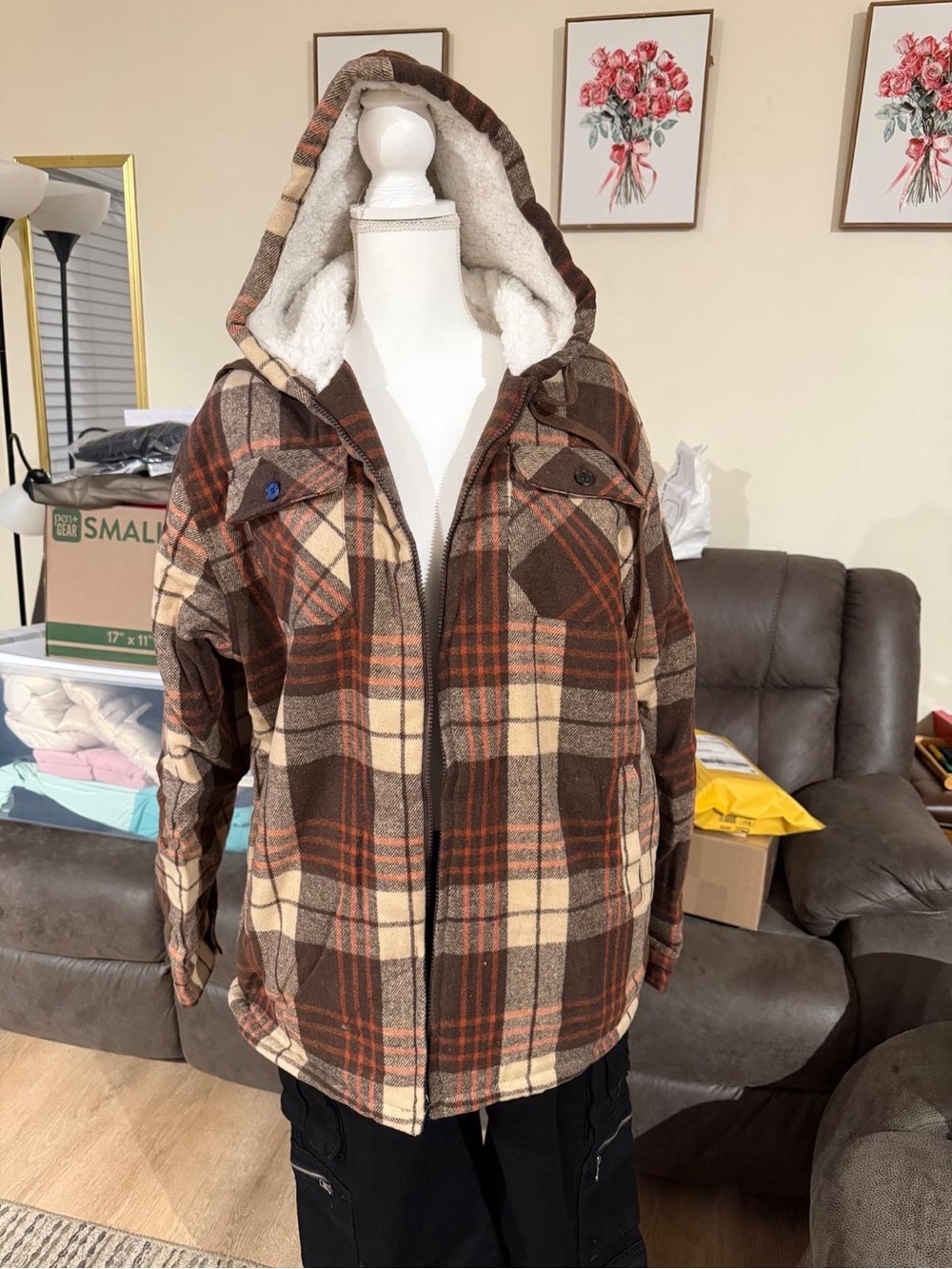 Men's Hooded Plaid Sherpa-Lined Field Jacket - Brown/Cream